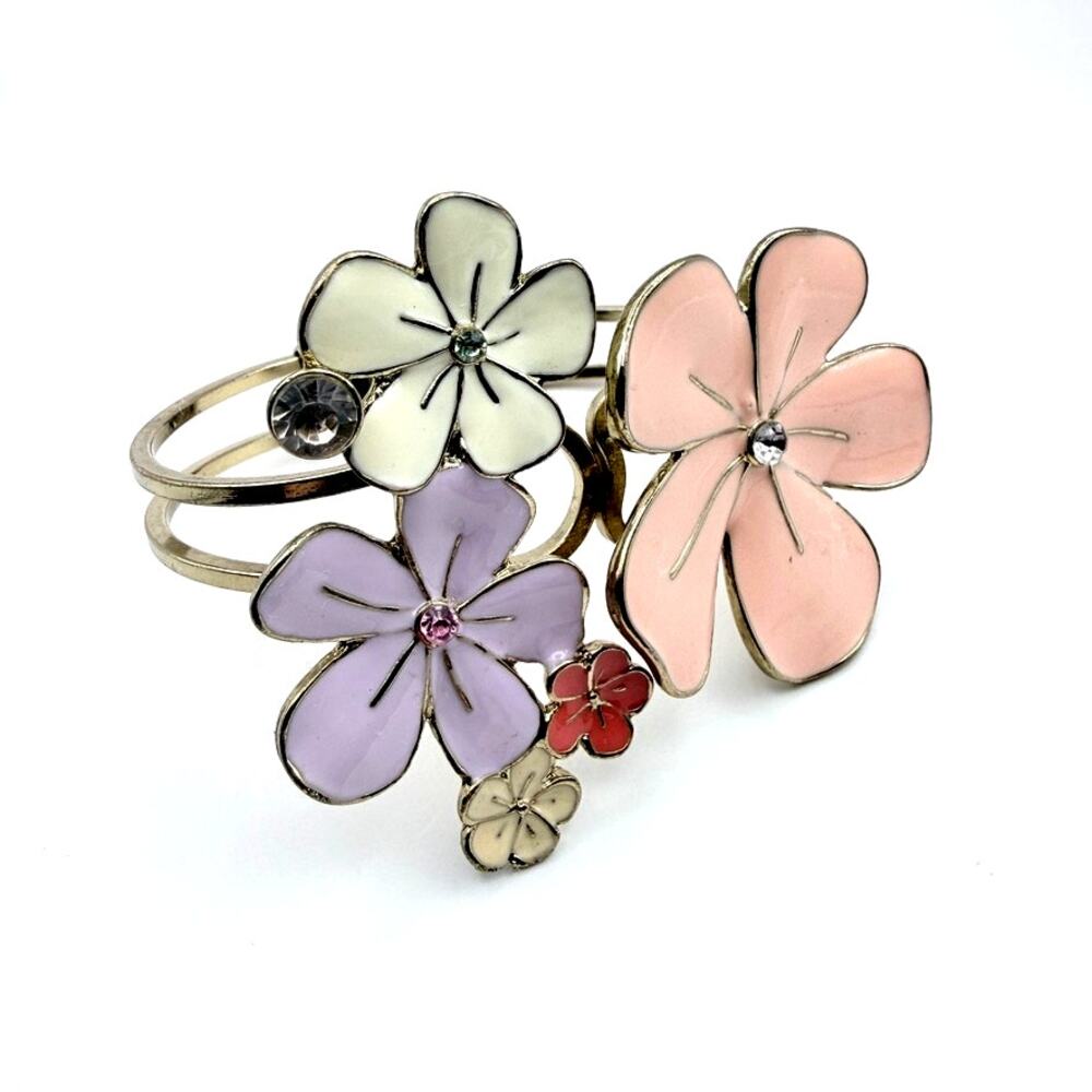 VTG Enamel Flowers Bracelet Clamper Crystal Spring Colors Lt Pink Cream Lavender
